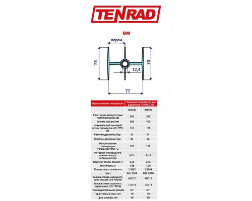 Биметаллический секционный радиатор отопления Tenrad BM 350х80 / 10 секций