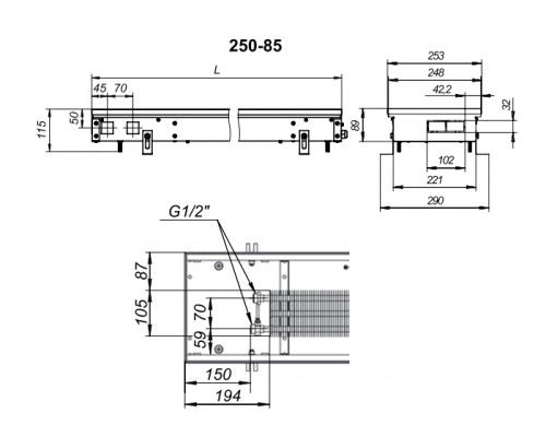 Внутрипольный конвектор с естественной конвекцией Techno KVZ 250-85-800