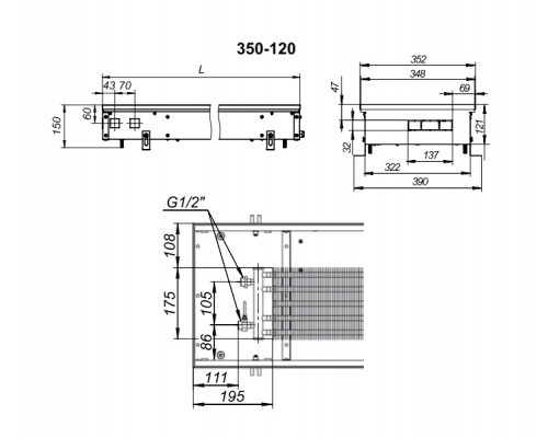 Внутрипольный конвектор с естественной конвекцией Techno KVZ 350-120-2000