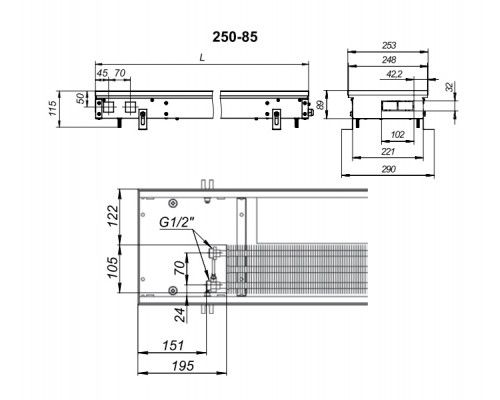 Внутрипольный конвектор с вентилятором Techno KVZV 250-85-1200