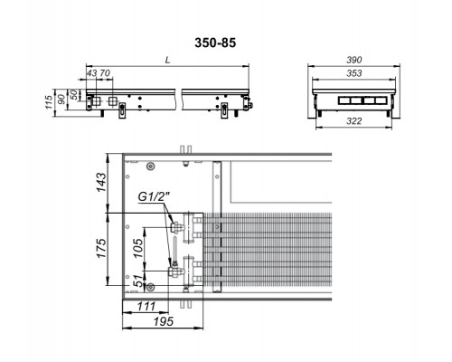 Внутрипольный конвектор с вентилятором Techno KVZV 350-85-1200