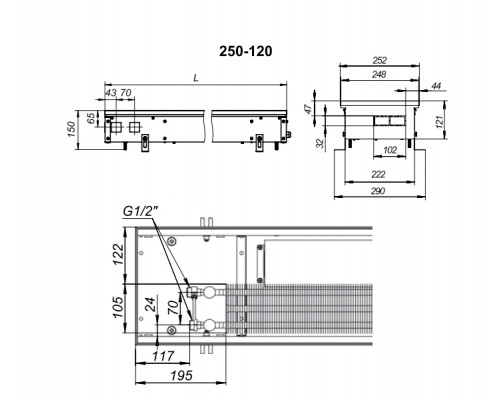 Внутрипольный конвектор с вентилятором Techno KVZV 250-120-2200