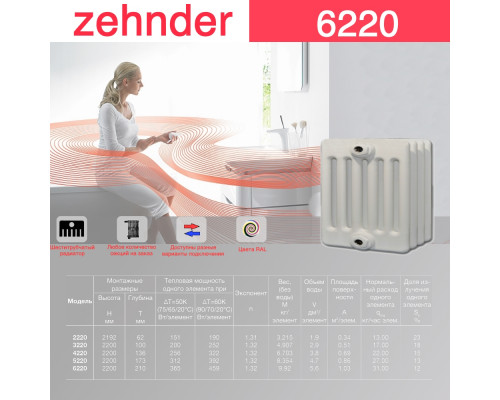 Стальной трубчатый радиатор отопления Zehnder 6220 / 1 секция