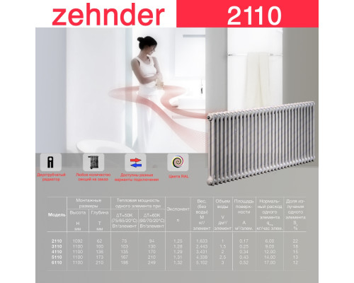 Стальной трубчатый радиатор отопления Zehnder 2110 / 1 секция