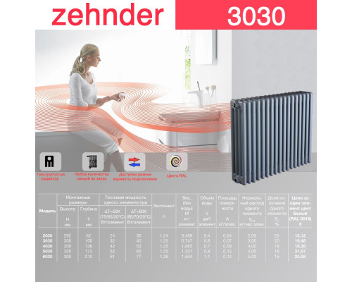 Стальной трубчатый радиатор отопления Zehnder 3030 / 1 секция