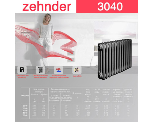 Стальной трубчатый радиатор отопления Zehnder 3040 / 1 секция