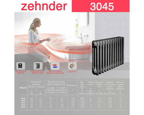 Стальной трубчатый радиатор отопления Zehnder 3045 / 1 секция