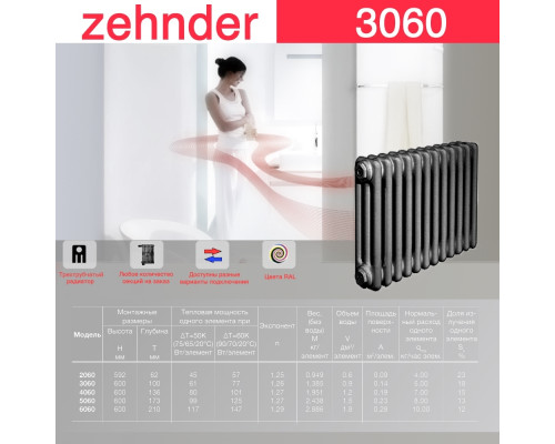 Стальной трубчатый радиатор отопления Zehnder 3060 / 1 секция