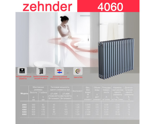 Стальной трубчатый радиатор отопления Zehnder 4060 / 1 секция