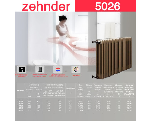 Стальной трубчатый радиатор отопления Zehnder 5026 / 1 секция