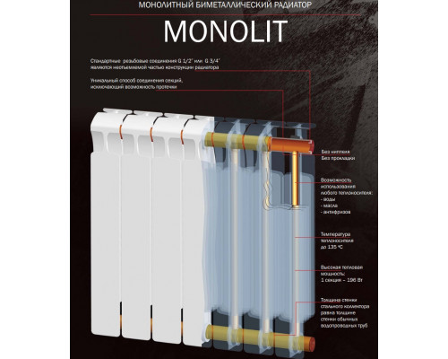 Биметаллический секционный радиатор отопления Rifar Monolit 350 / 10 секций