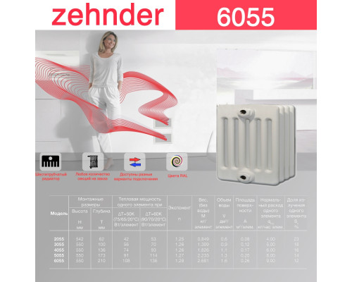 Стальной трубчатый радиатор отопления Zehnder 6055 / 1 секция