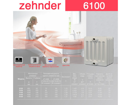 Стальной трубчатый радиатор отопления Zehnder 6100 / 1 секция